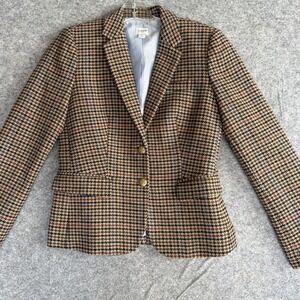 J.Crew Blazer Womens 2 Brown Houndstooth Academia Wool Tweed Gold Button Lined